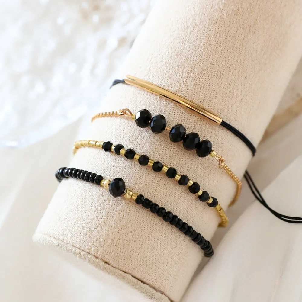 4Pcs/Set Fashion Black Glass Stone Bracelet Suitable for Womens Bohe Handmade Jewelry Accessories W250121