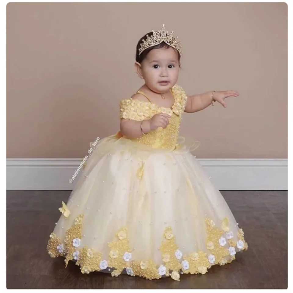Baptism Tulle Pearls Flower Girl Dress Lovely For Wedding Beading Applique Off Shoulder Child First Eucharistic Birthday Party X250203