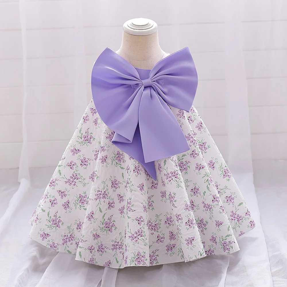 Floral chiffon bow newborn baby dress first birthday party baptism party costume 9 12 month old childrens fluffy costume Visco Duo Beibei X250203