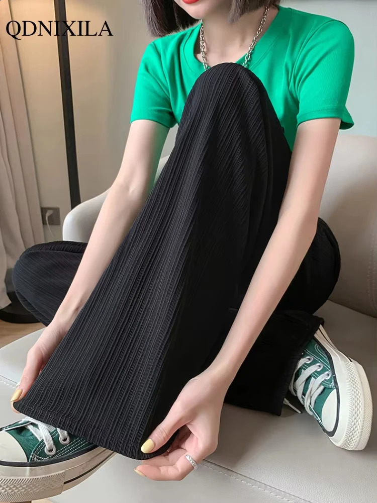2024 Spring Summer Ice Silk Wide Leg Pants for Women Korean Thin Chiffon High Waist Saggy Loose Straight Casual Fashion Trousers 250121