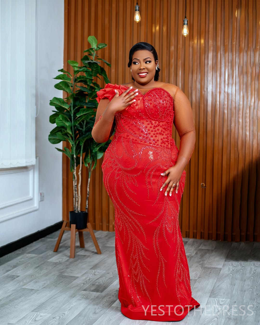 2025 Plus Size Red Aso Ebi Prom Dress Mermaid Evening Gowns For Black Women Sheer Neck Long Sleeves Pearls Beaded Lace Birthday Dress Second Reception