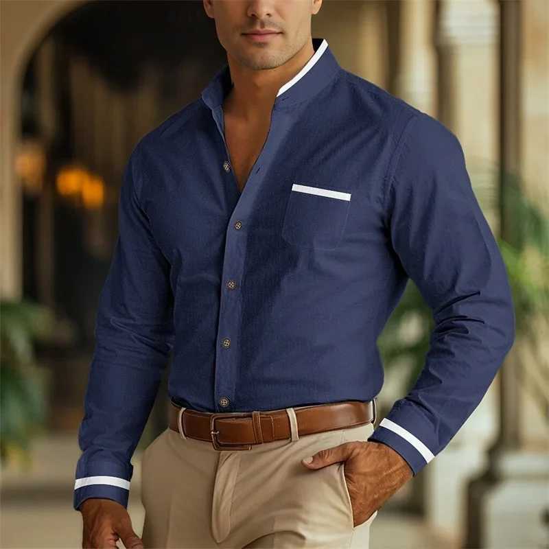 Mens standing collar shirt formal button up shirt gray long sleeved shirt daily wear front pocketXJ250121