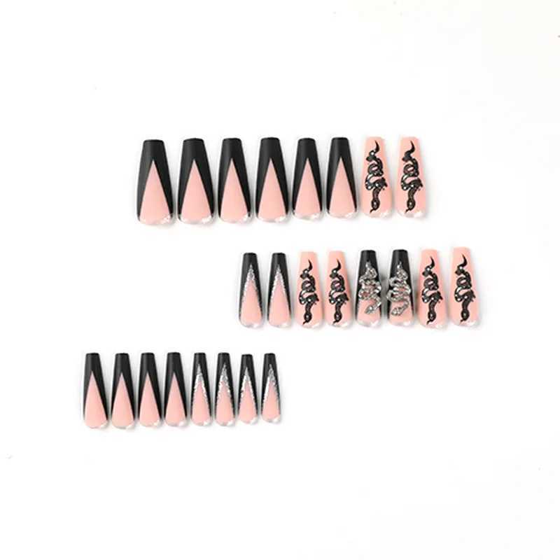 Black Silver Snake Jewelry Shiny Rhinestone Frosted Wearable Sexy Woman Party In Ballet Fake Art Nail Finished False Nail GlueW250120