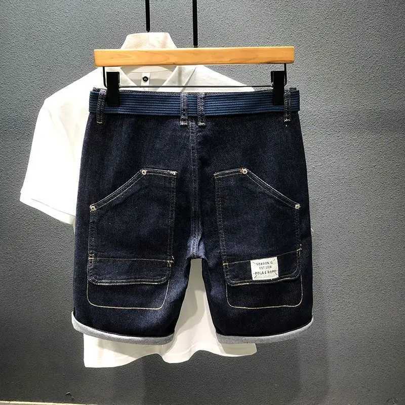 Summer Cargo Mens Casual Knee-length Denim Shorts Solid Deep Blue Color with Large Pockets Streetwear Classic Jeans Shorts Male X250203