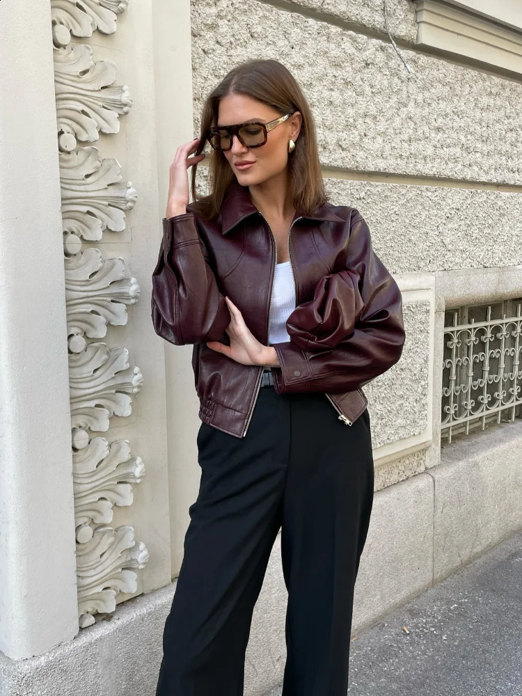 Women Burgundy Lapel Pu Short Leather Jacket Chic Zipper Long Sleeves Pocket Coat Autumn Female Commuting Street Coats 250122