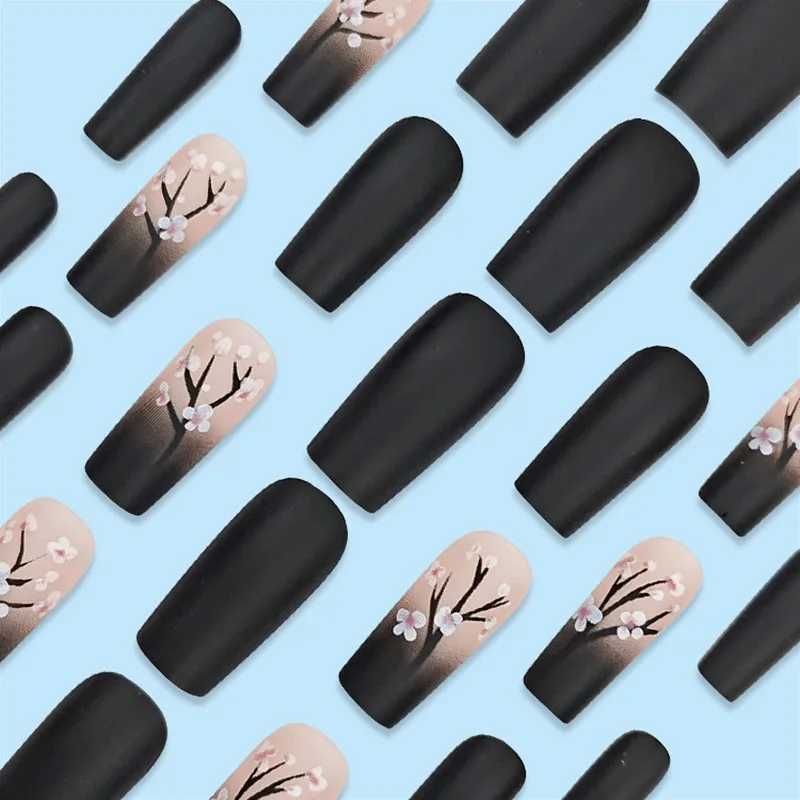 Womens Square Fake Nail DIY Pink Plum Blossom Design French Press Wearable Nail Set Fake Nail Party CF33W250120