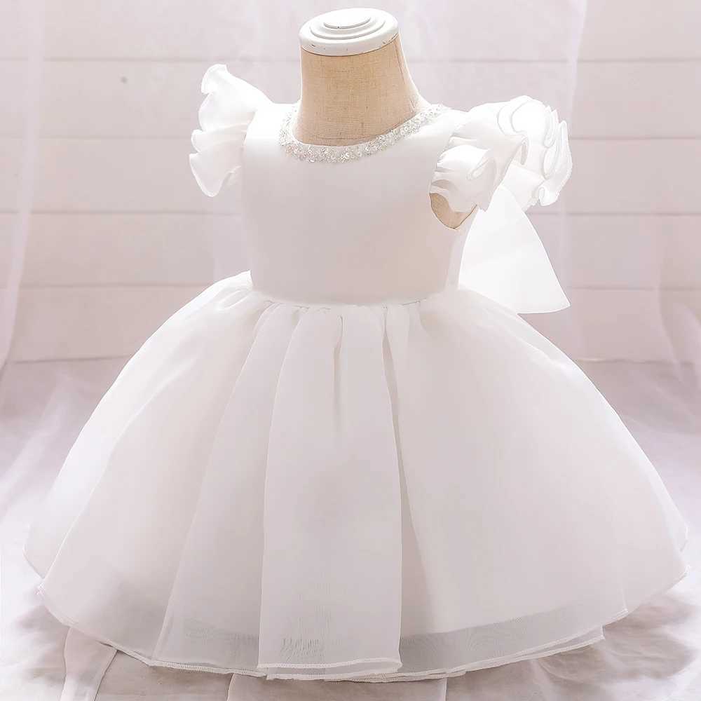 Summer Pink Cool kids Clothes Beading First Birthday Dress Baby Girl Ceremony Ball Gown Bow Princess Party 3 6 Months Dresses X250203
