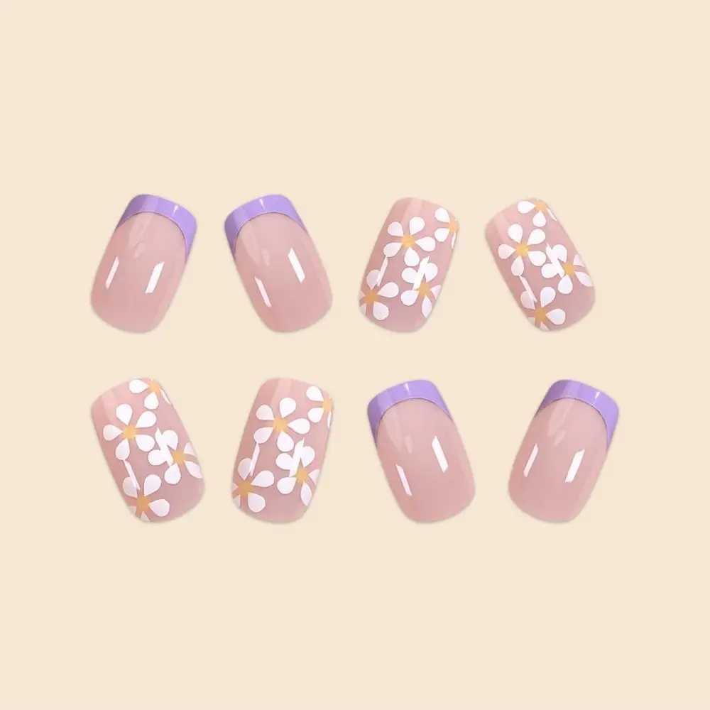 24Pcs/Set Women Middle Size Purple Border French White s Powder Full Coverage Wearable Nail Art Fake NailsW250120