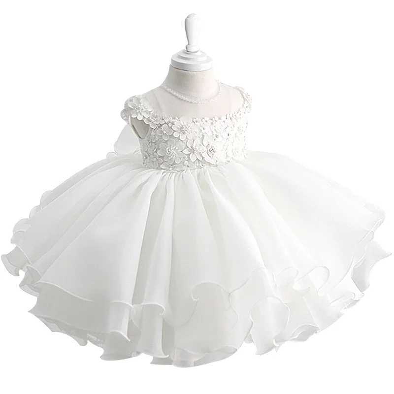 White bead baby shower dress with lace decal communion childrens birthday party wedding dress baby shower dress X250203