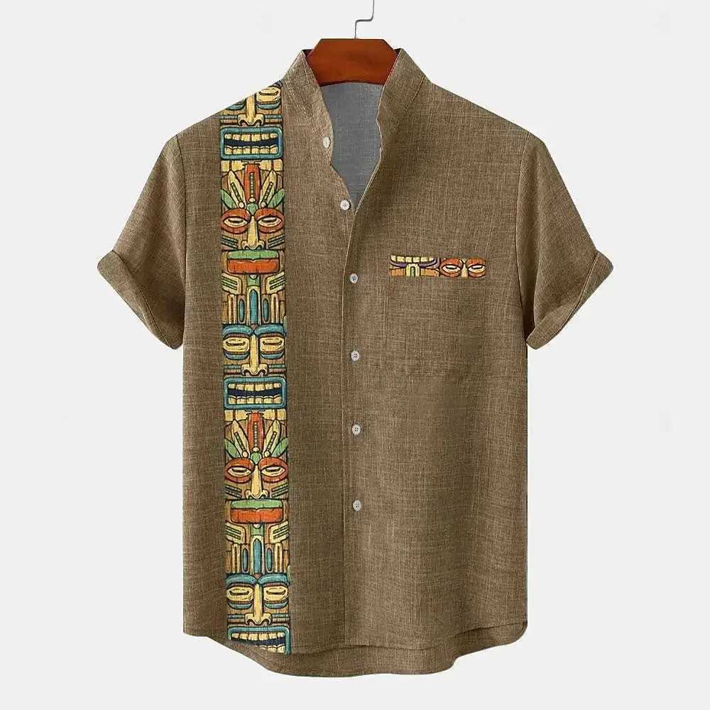 Vintage Mens Shirt Ethnic Pattern Printed Short Sleeve Lapel Shirt Summer Fashion Casual Street Mens Lapel Top Large Size ComfXJ250121