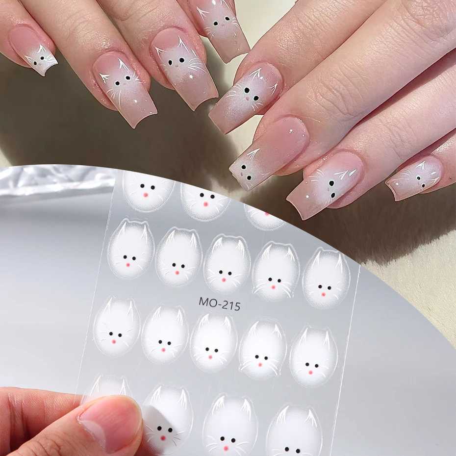 Cute White Cat Nail Stickers Decals 5D Kitten Ink Blooming Flowers Nail Art Decoration Kawaii Cartoon Decals Summer ManicureXJ250120