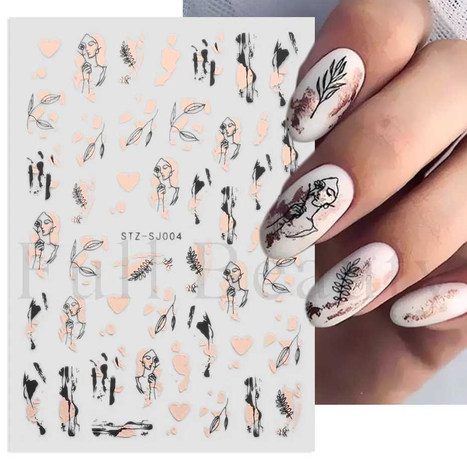 Metal Graffiti Line Nail Stickers Rose Gold 3D Laser Abstract Face Black Bronzing Geometric Leaf Decals Nail Design Decor SliderXJ250120