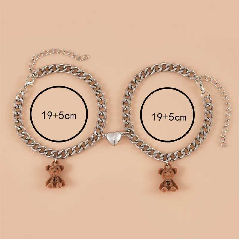2Pcs New Plush Bear Couple Magnet Bracelets Stainless Steel Heart Chain Bracelet Unisex Friendship Valentines Day Jewelry W250121
