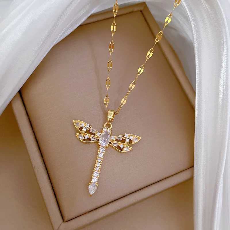 Hollow-out Dragonfly Pendant Necklace with Titanium Steel Chain and Micro-inlaid Zircon Stylish Womens AccessoryXJ250121