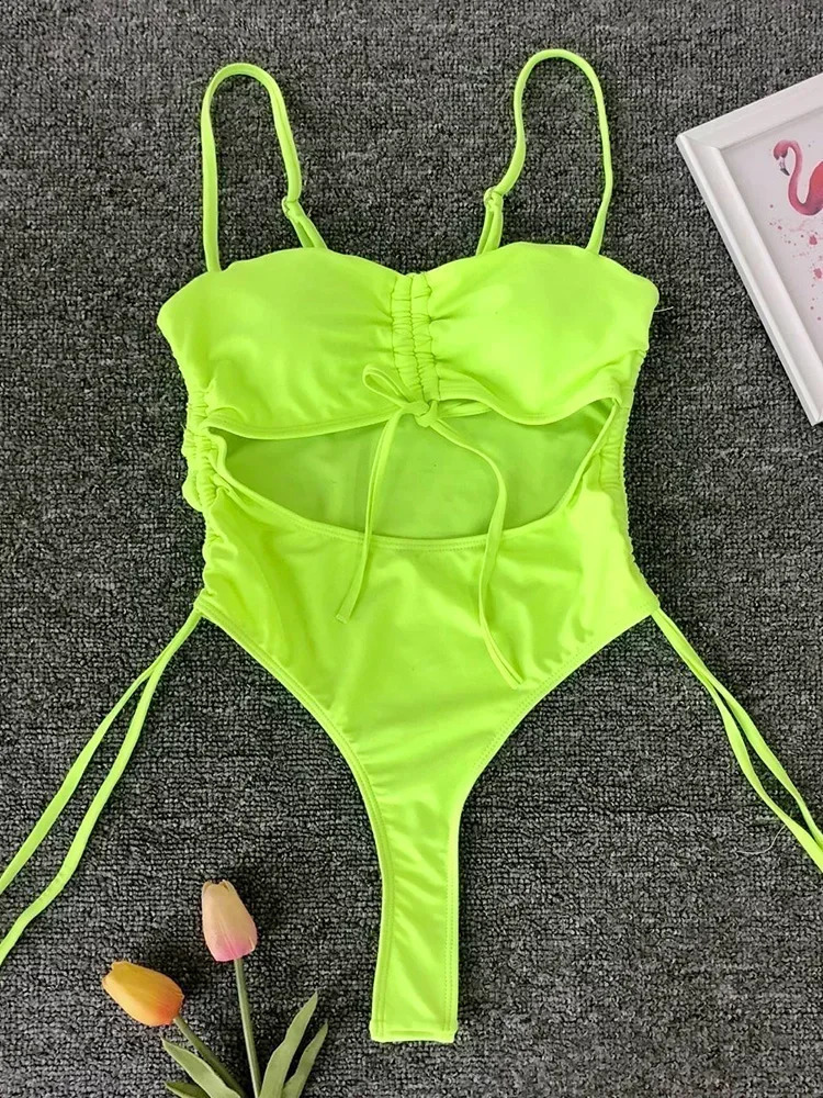 Neon Green Tummy Cut Out Female Swimwear One Piece Swimsuit Women Thong String Monokini High Cut Bathing Suit Swim Bodysuit 250109