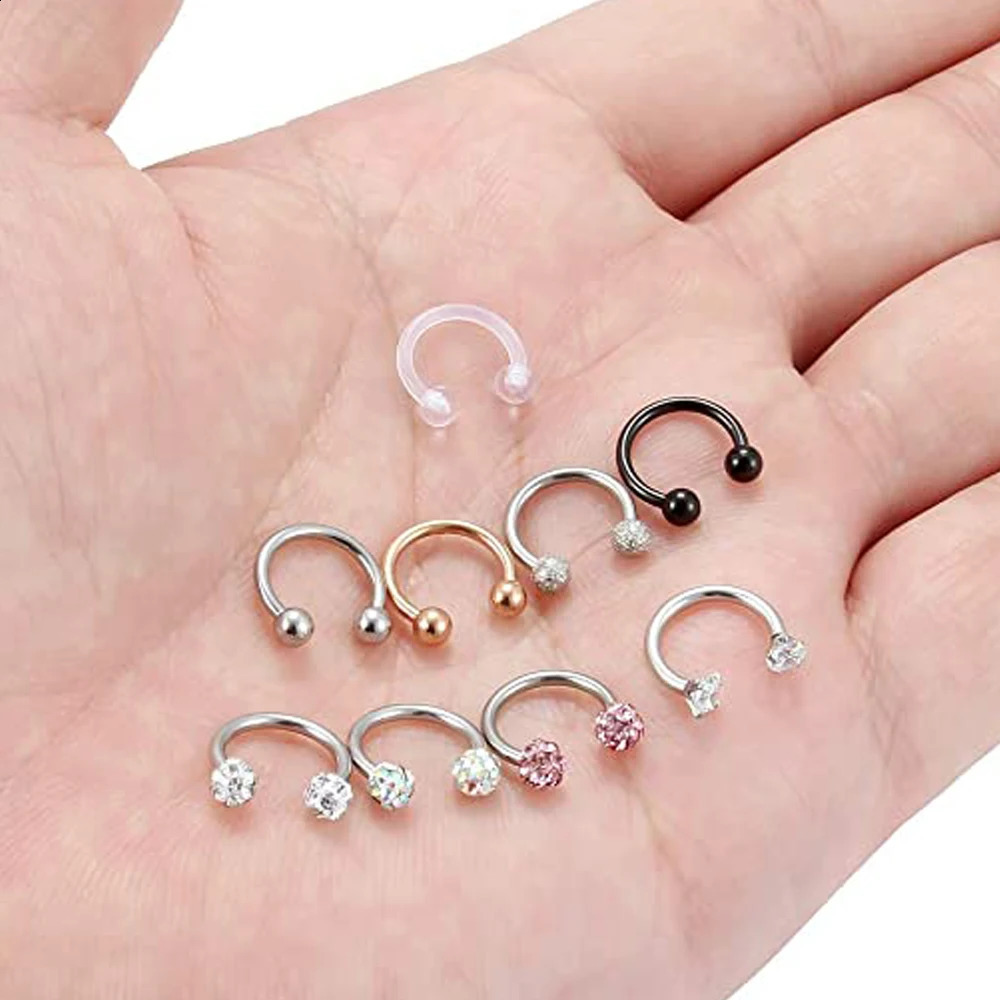 19PCS 16G Steel Lip Hoop Ring Crystal Cubic Horseshoe Barbell Tragus Cartilage Earring Helix Daith Septum Piercing 250110