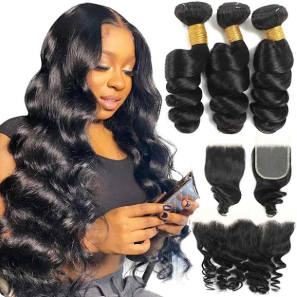 Loose Wave Bundles With Frontal 13X4 Human Hair 3Bundles With 4*4 Lace Clo Brazilian Hair Weave Bundles Remy Hair ExtensionsXJ250120