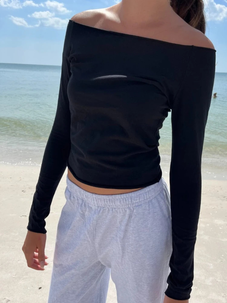 Women Sexy Off Shoulder Tshirt Summer Fashion Ladies Slim Raw Trim Shirt Chic Vintage Female Solid Long Sleeve Tees 250122