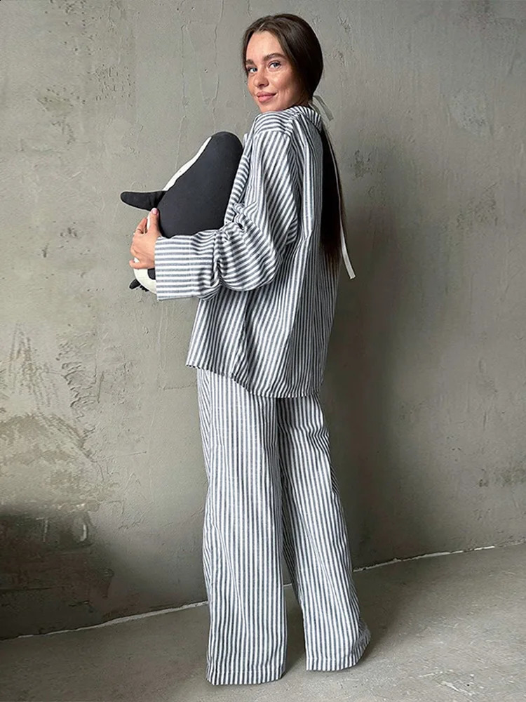Women Stripe Pant Sets Casual Laple Oversize Full Sleeve Shirt Elastic Loose Waist Pants Female Suit Spring Lady Outerwears 250122