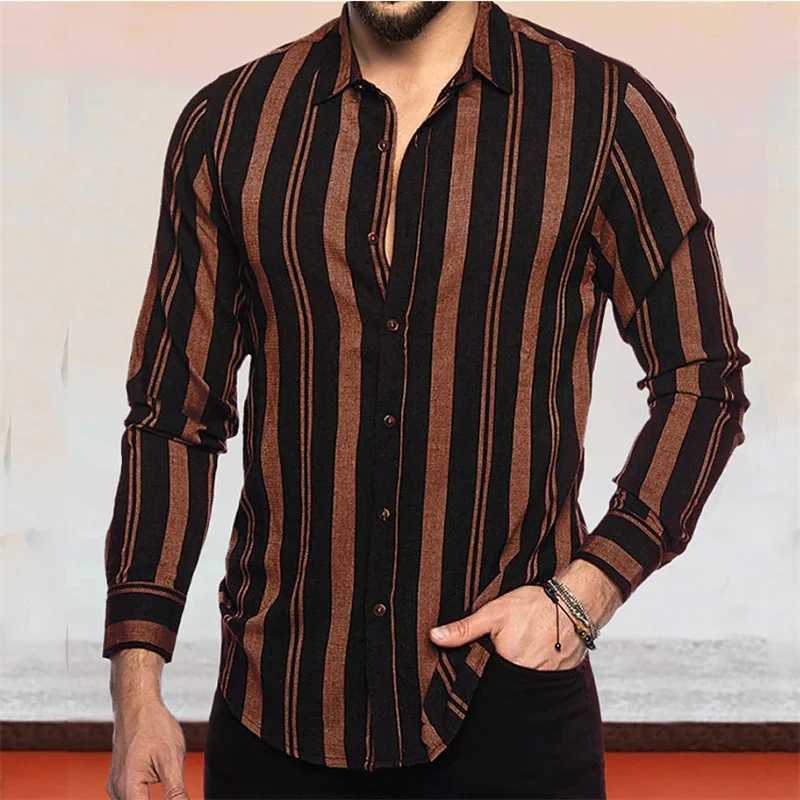 Mens button-up shirt casual business spring and summer large size long-sleeved striped print work daily vacation shirtXJ250121