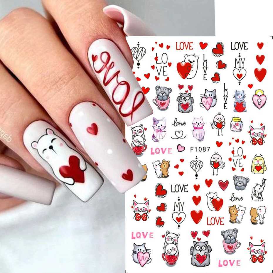 Valentine Love Heart Design Nail Stickers Cute Teddy Bear Cat Panda Decal Geometry Strip Line Rose Sexy Lip Sliders For ManicureXJ250120