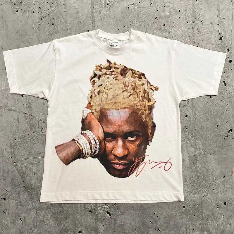 High Street Retro Trend Portrait Monogram Print Short Sleeve T-shirt for Men Y2k Goth Harajuku Hip Hop Couple Casual Loose Shirt X250203
