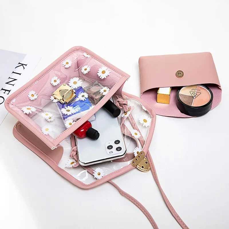 Fi Women Transparent Daisy Pattern Shoulder Bag Hardware Chain Strap Color Block Messenger Handbag Composite ToteXJ250121