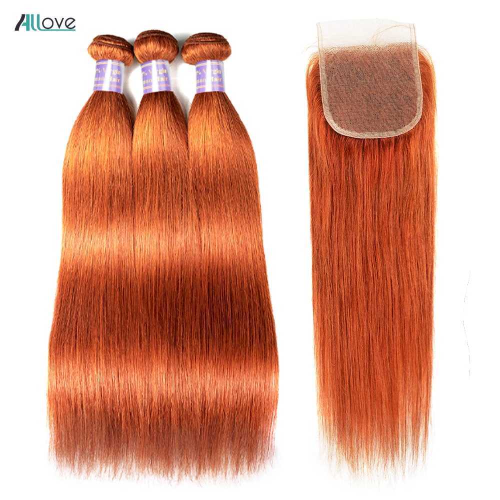 Allove Ginger Bundles With Clo Brazilian Straight Human Hair Bundles Orange Colored 3 Bundles Human Hair With 4x4 CloXJ250120