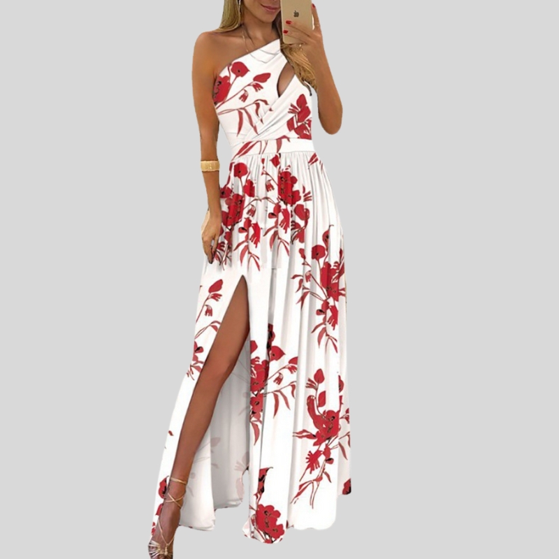 New best-selling slanted shoulder long dress temperament sleeveless sexy high waist split dress European and American women's clothing