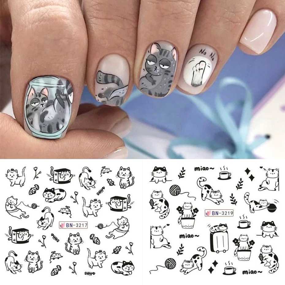 12 Designs Black Cat Nail Water Stickers Cute Kawaii Cartoon Nail Art Decals Watermark Transfer Sliders Manicure DecorationsXJ250120