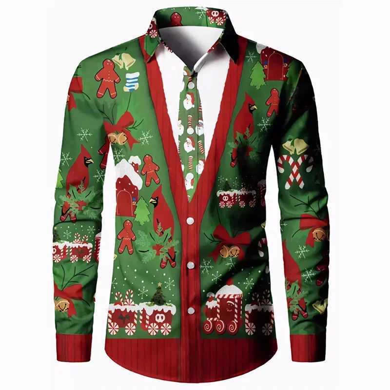 2024 Shirt Fashion Mens Shirt Ice and Snow Print Christmas Button Up Shirt Long Sleeved Daily Street Vacation Mens TopXJ250121