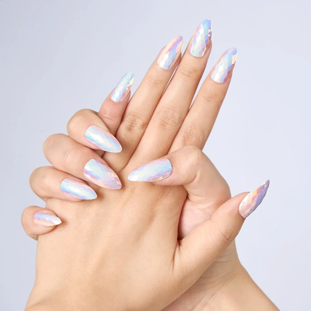 24PCS Cat Eyes Pink Red Magic Mirror Manicure Short Press on Nails Full Cover Ballet False Nails With Glue for Women 250108