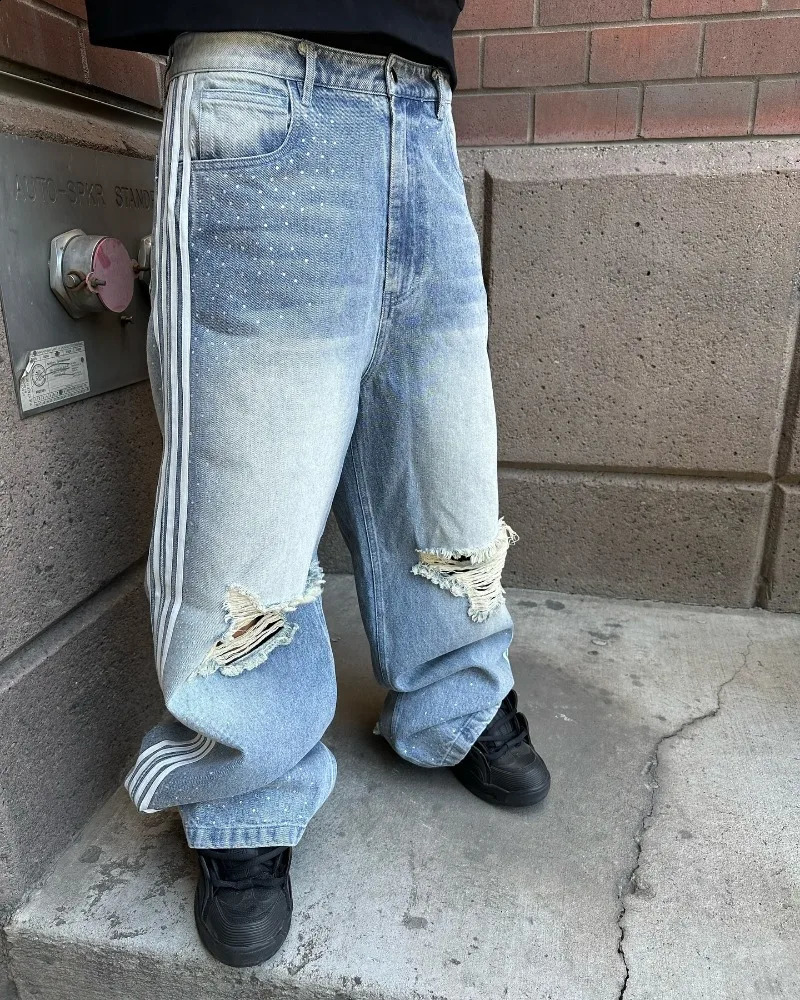 Y2k high-waisted ripped jeans Women street vintage striped wide-leg pants Personality fashion diamond decorated pants 250118