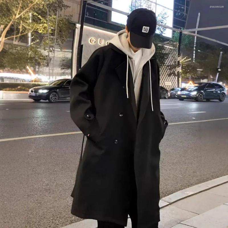 Men's Trench Coats 2025 Autumn/Winter Style Black Overcoat Loose-Fit Long Windbreaker For Men Trendy Youth Jacket Fashionable Outerwear