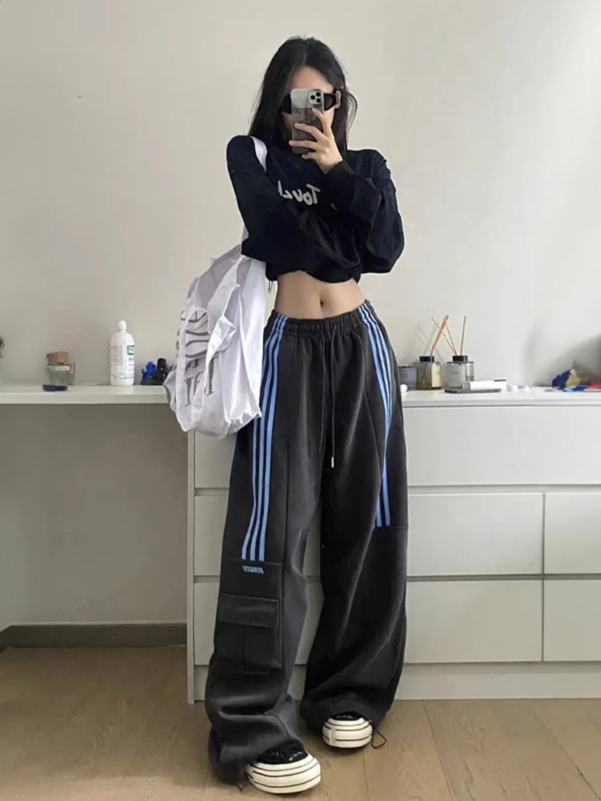MEXZT Oversized Striped Sweatpant Y2K Streetwear Cargo Pants Harajuku Wide Leg Joggers High Waist Baggy Sports Trousers 250109