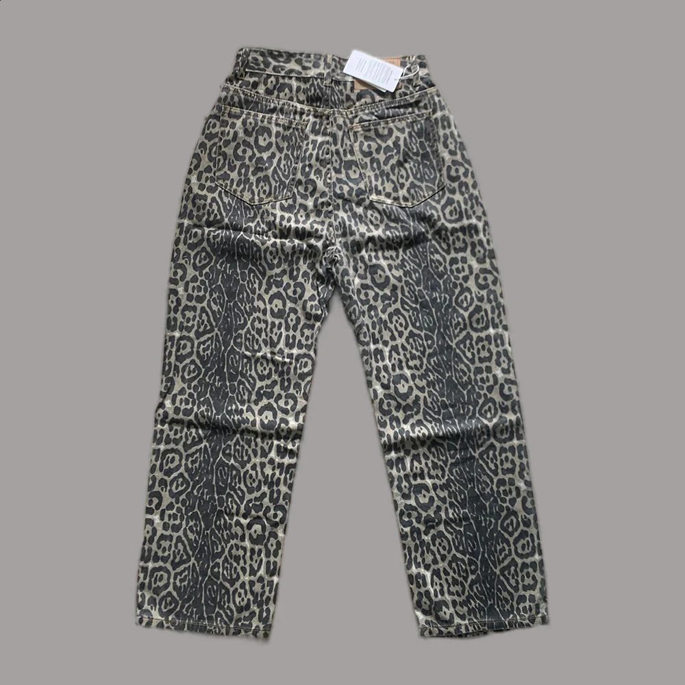 Womens Jeans Leopard High Waist Hip Hop Straight Fashion Pants Streetwear Harajuku Y2K Style Female Wide Leg Denim Trousers 250206