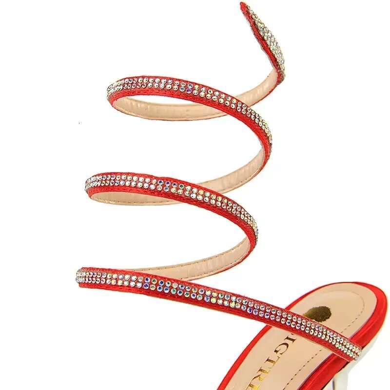 Women Party 8.5cm High Heels Summer Sexy Nightclub Sandals Female Red Green Ankle Strappy Roman Gladiator Crystal Sandles