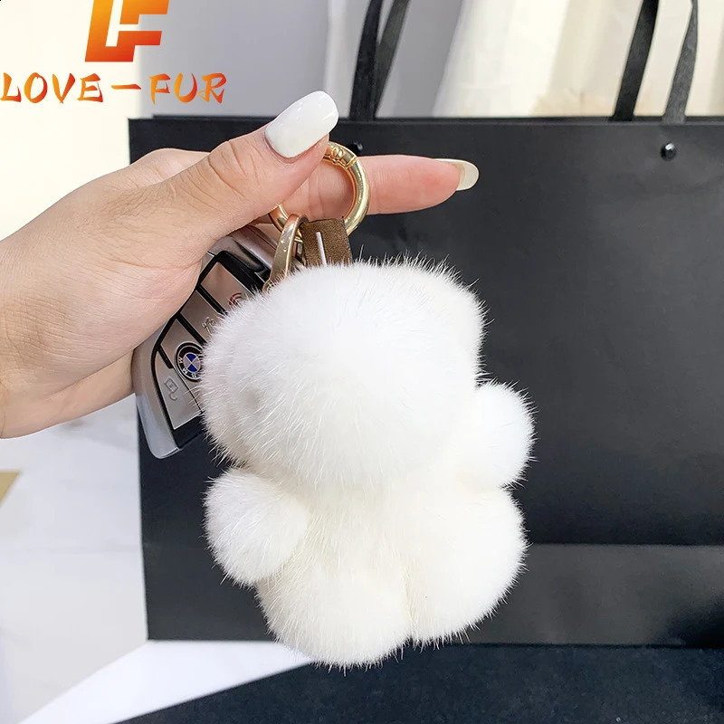 Women Bag Charm Trinkets Car Metal Key Rings Rear View Mirror Ornaments Cute Real Mink Fur Keychain Plush Panda Pendant Kids Toy250114ww