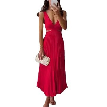 Summer 2025 New Designer Beach Skirt Elegant V-neck Sleeveless Hollow Out Sexy Backless Pleated Skirt