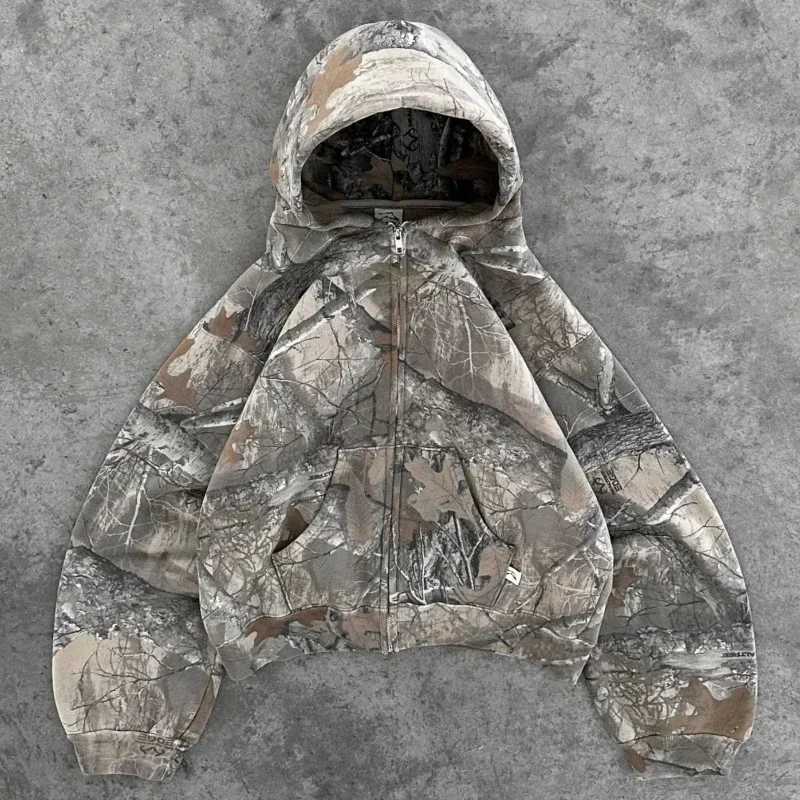 2000s oversized camouflage zipper sweatshirt retro American street hoodie new hip-hop streetwear unisex casual camouflage hoodie W250117