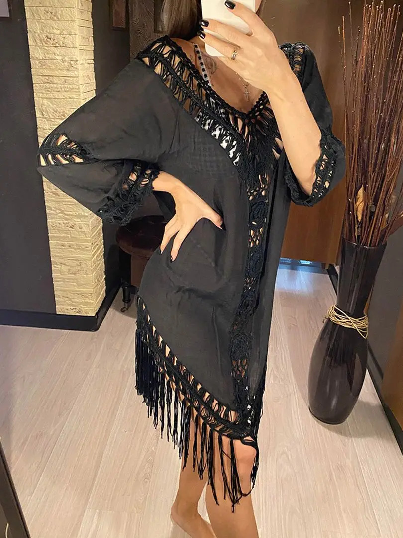 Sexy Backless Hollow Out Fringe Tassel Tunic Beach Cover Up Cover-ups Beach Dress Beach Wear Beachwear Female Women V2650 250118