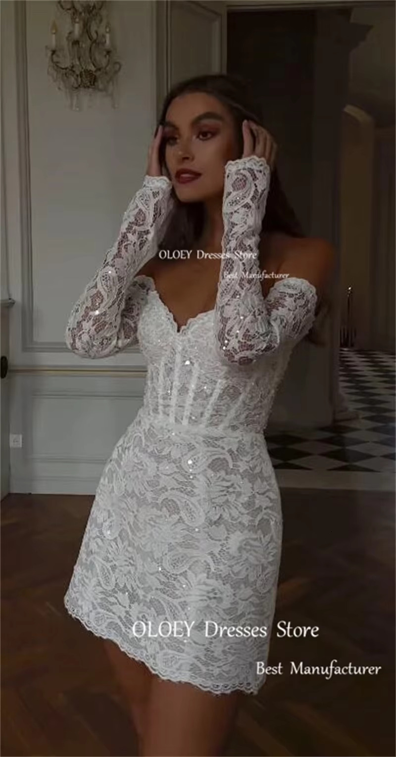 OLOEY Shiny Full Lace Mini Short Wedding Dresses Off Shoulder Long Sleeves US Women Bride Dress Customised Party Bridal Gowns