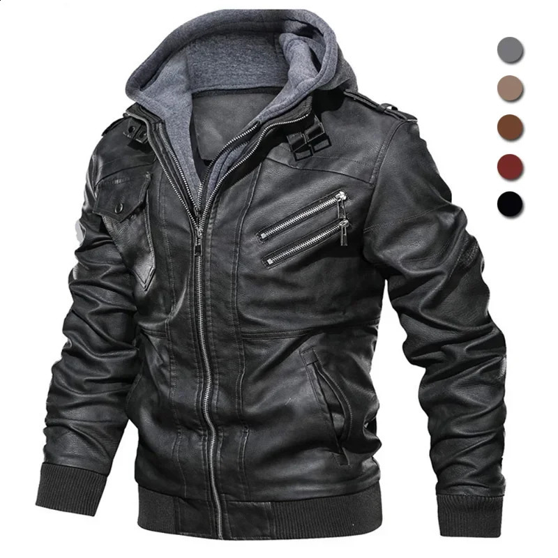 Business Slim 2024 Zipper Motorcycle Leather Jacket Men Unload Hooded PU Jackets Autumn Coat Plus Size S5XL 250109Z