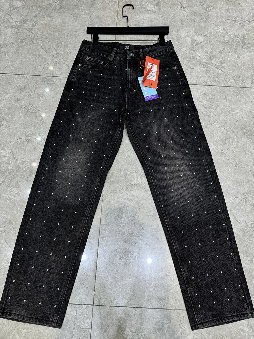 Black Denim Bottoms Men Straight Fit Baggy Smart Style Full Rhinestones Printed Y2k Jeans Man 250120