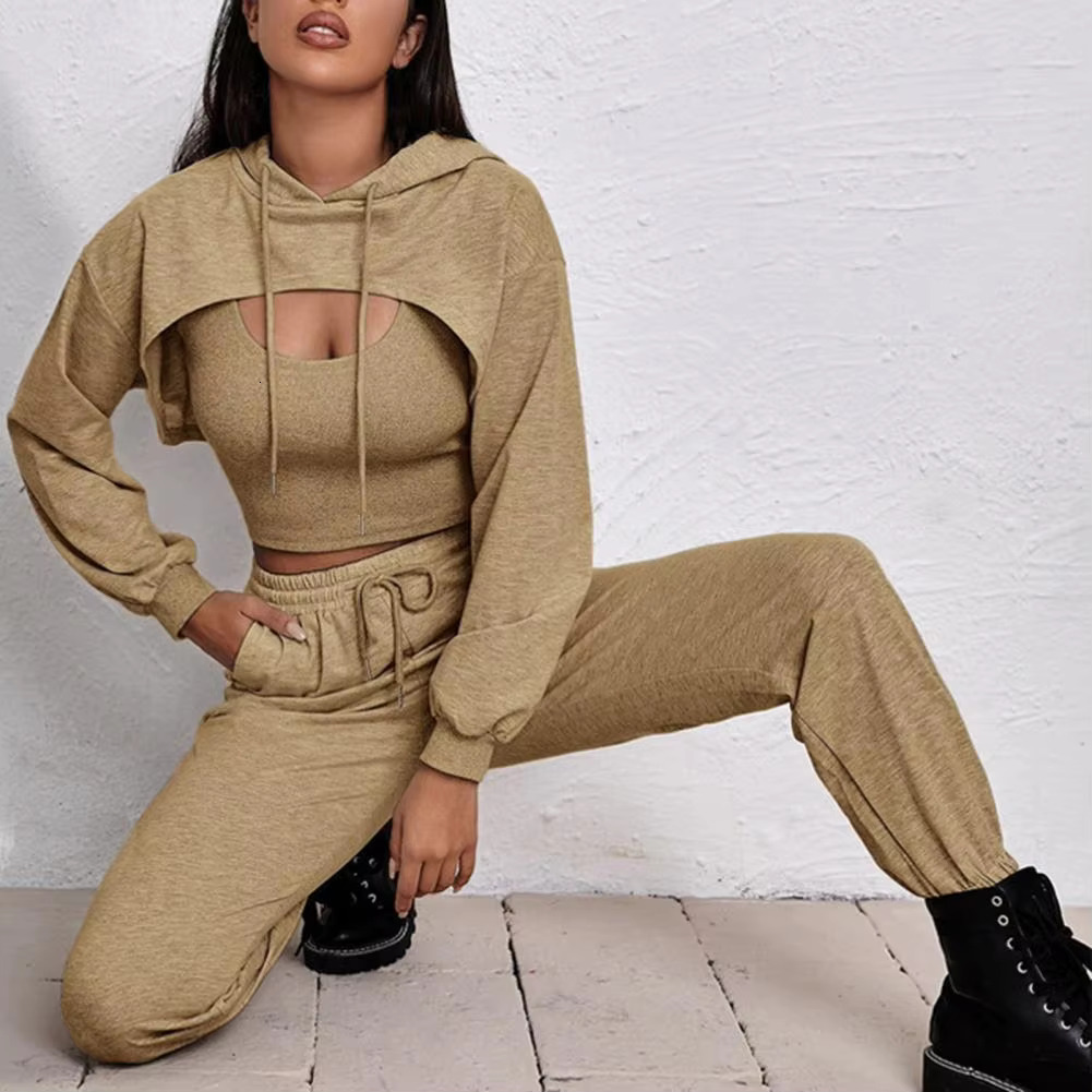 Suit Women's Hoodie Vest Pants Set Solid Color Woman Clothing Sports Tracksuit For Women 2021