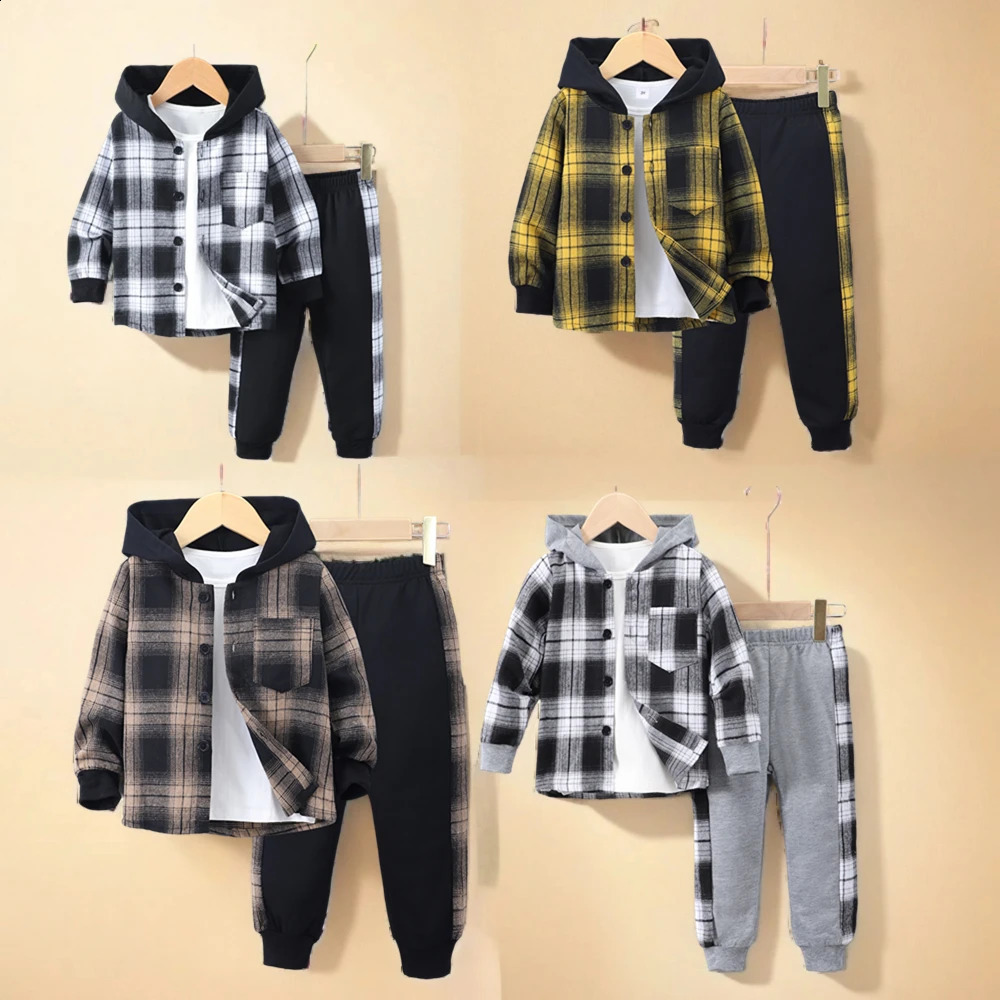 2024 Spring Winter Kids Boy 2-Piece Cotton Casual Simple Long Sleeve Hooded Coat Checkered Childrens Suit 3 4 5 6 7 Years Old 250117