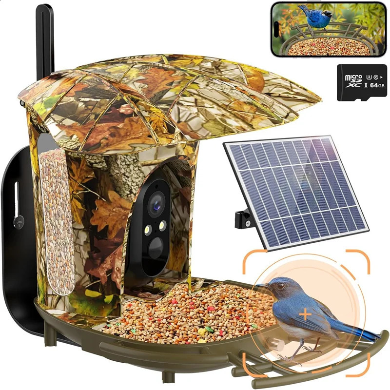 Smart Bird Feeder Camera1080P HD11000 Bird Species Camera Auto Capture6W Solar Panel Bird SpeciesBird House with 64G Card 250121