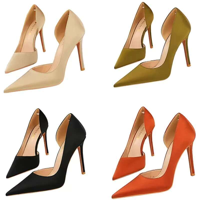 Plus Size Women 10.5cm High Heels Wedding Bridal Dress Silk Satin Pumps Lady Orange-Red Green Escarpins Nightclub Party Shoes