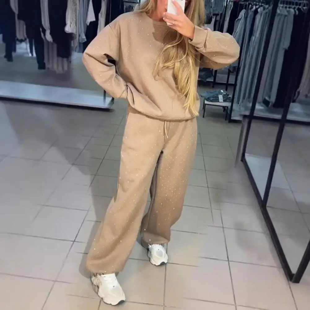 Women Loose Fit Suit Womens Rhinestone Decor Sweatshirt Wide Leg Trousers Set for Wear Sport Outfit Round Neck Long Fall 250122