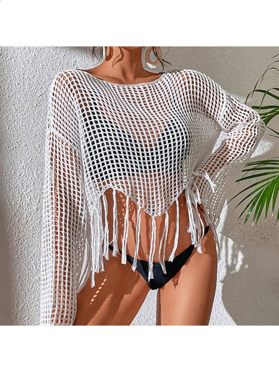 Womens Stylish Beach CoverUp Boho Chic Crochet Long Sleeve Tassel Tunic with CutOut Details 250122